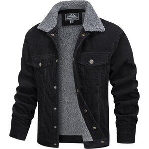 Mens Black Corduroy Jacket Sherpa Lined Warm Winter Trucker Cargo Coat